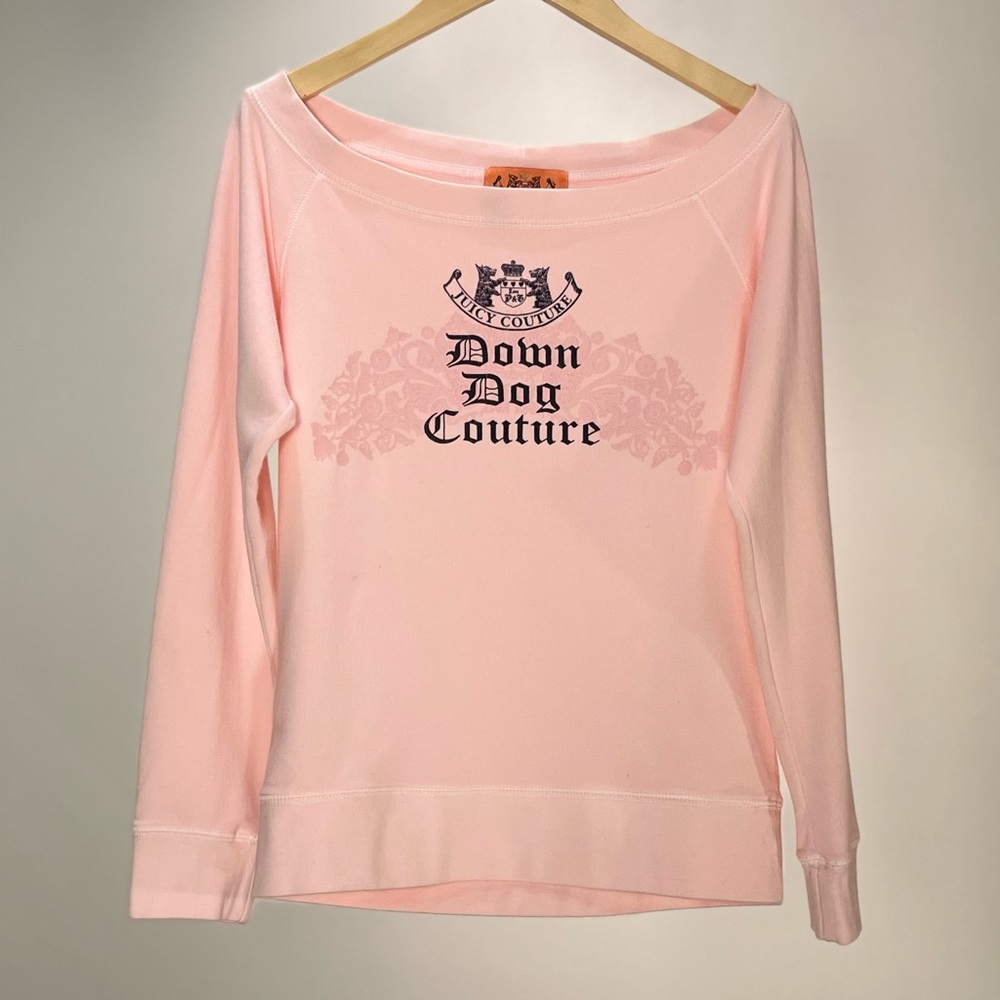 Juicy Couture Down Dog Couture Pink Wide Neck Pullover S Made in USA Y2K